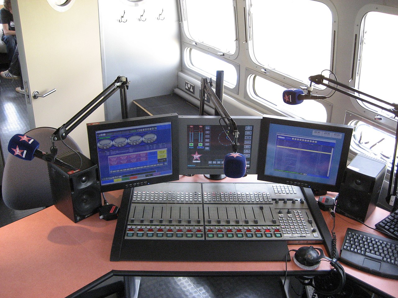 Radio studio - David Jones Mixing console and microphones in the Virgin Radio outside-broadcast studio.
